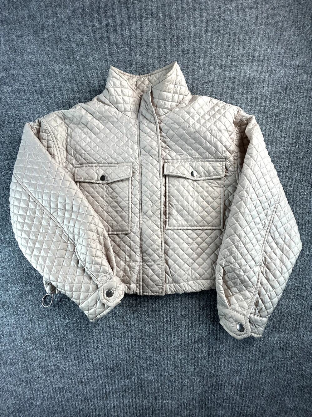 Cisono Los Angeles WM Quilted Puffer Jacket Beige Cropped Zip Coat Size Large - Picture 1 of 9